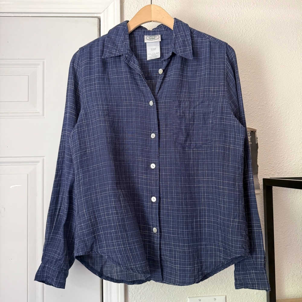 LAURA ASHLEY vintage navy white plaid linen long sleeve button up shirt
